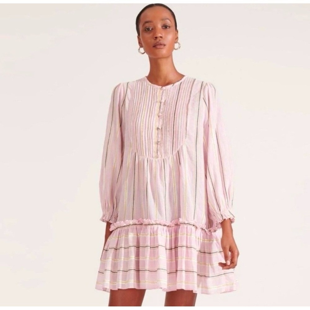 Veronica Beard Pink Striped Lurex Mini Dress Puff Sleeve Tiered Ruffle NEW 10